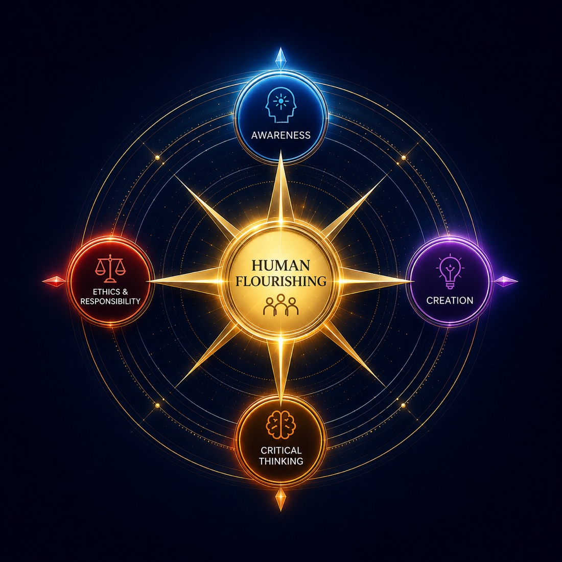The AI Explorers Compass — Human Flourishing at the center, surrounded by Awareness, Creation, Critical Thinking, and Ethics & Responsibility