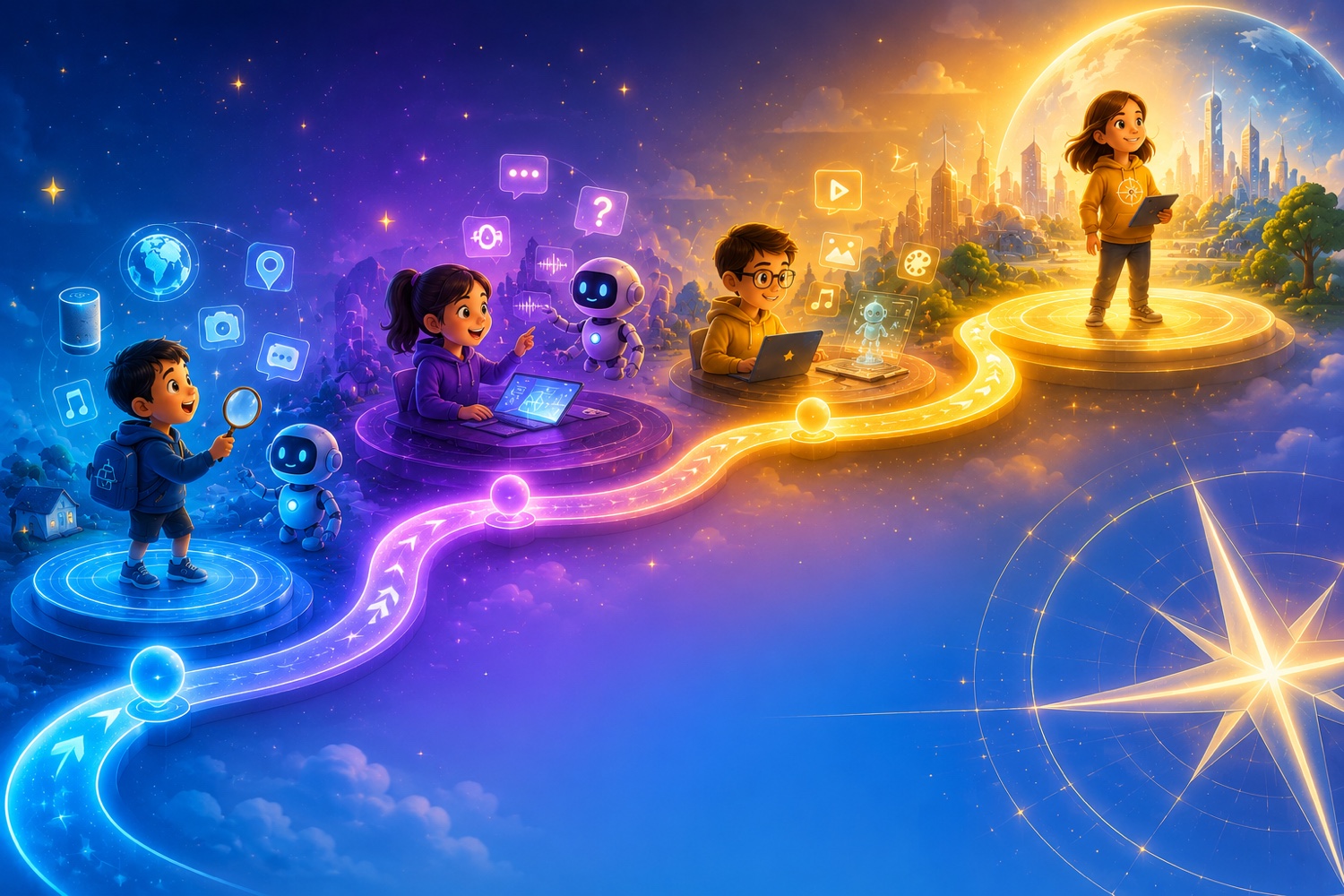 A glowing pathway through four stages of AI learning