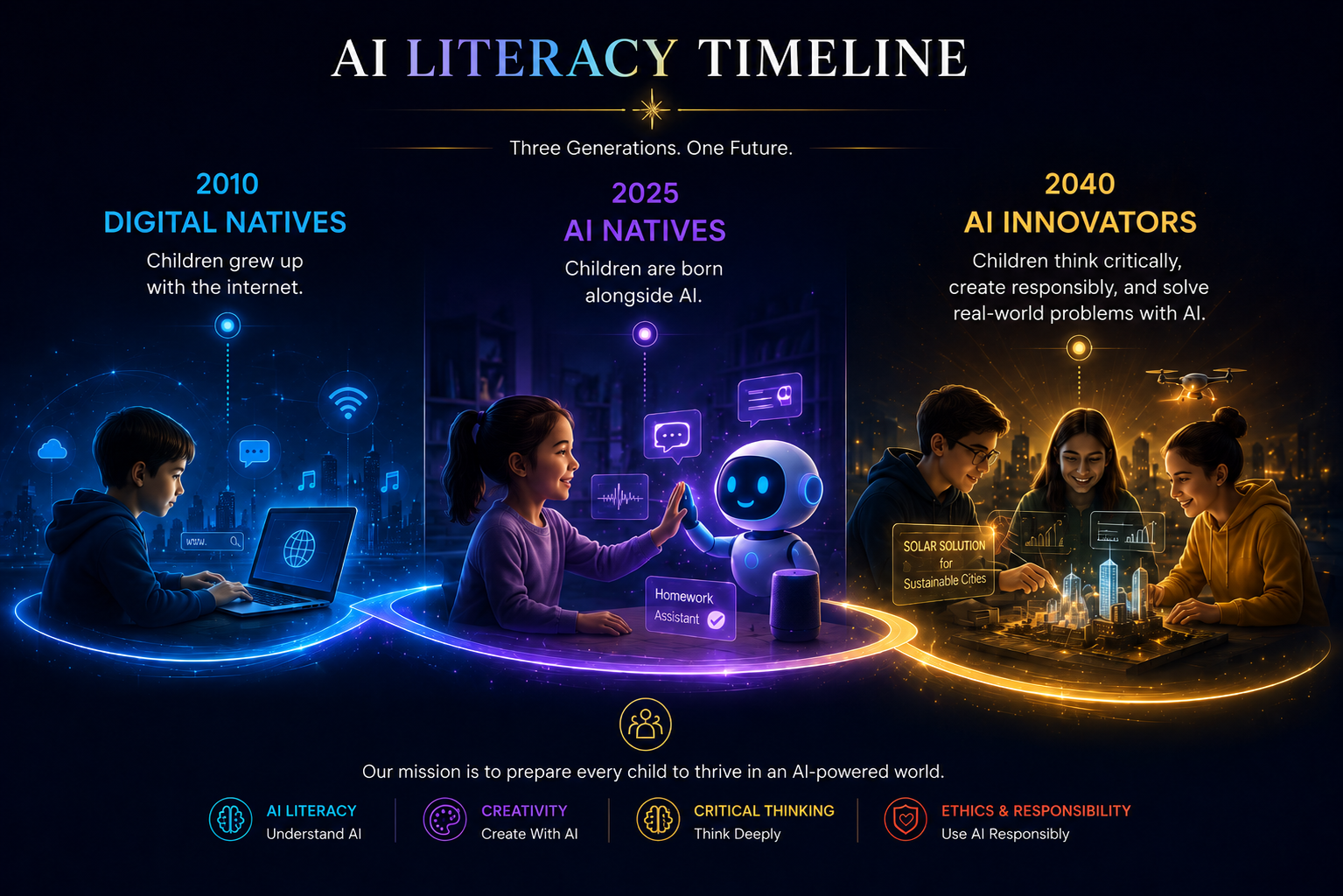 The AI Literacy Timeline — a child grows through three eras of AI
