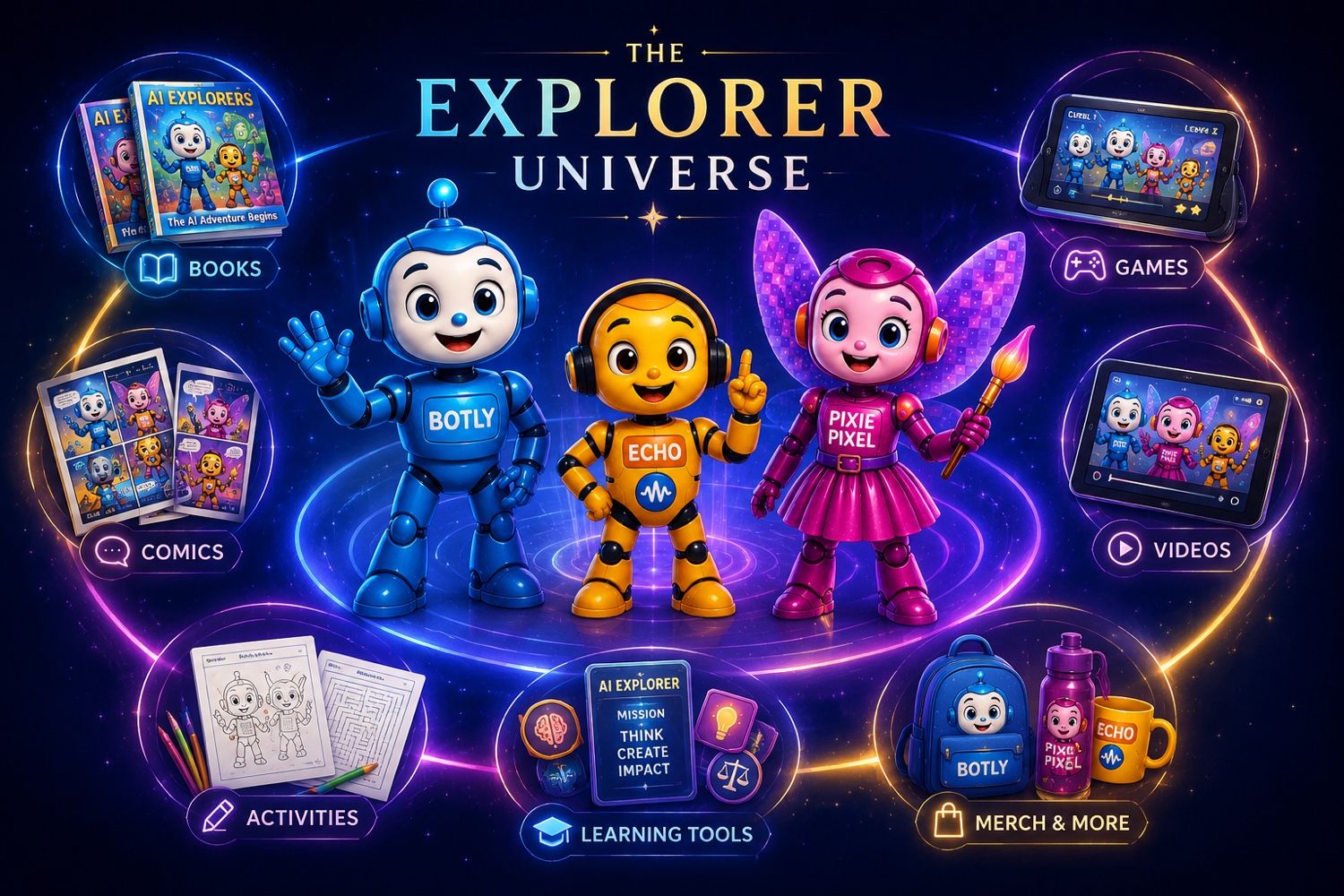 The Explorer Universe — Botly, Echo and Pixie Pixel